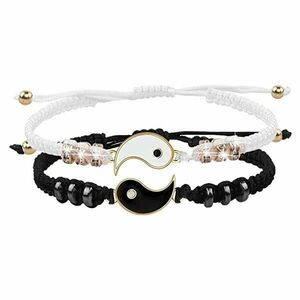 Set 2 bratari reglabile yin yang negru, alb si auriu imagine