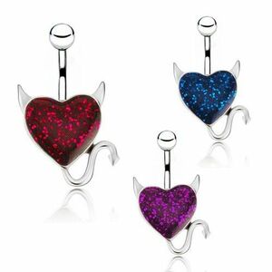 Piercing pentru buric din oțel - inimă colorată de diavol - Culoare zirconiu piercing: Albastru - B imagine