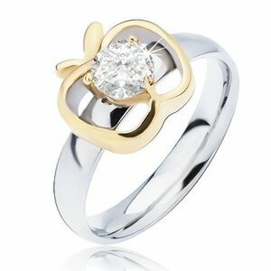 Inel din oțel de culoare argintie, contur măr auriu cu zircon rotund transparent - Marime inel: 49 imagine