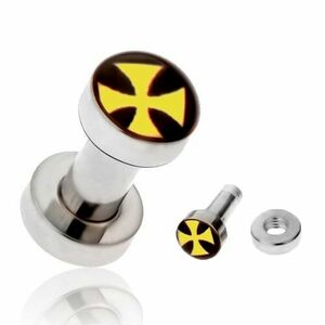 Plug tunel pentru ureche, din oţel chirurgical, cruce malteză galbenă - Diametru piercing: 3 mm imagine
