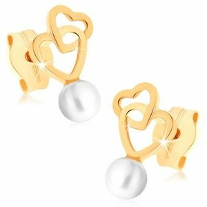 Cercei din aur 375 - două contururi de inimă conectate, perlă rotundă albă imagine
