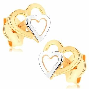 Cercei din aur 9K - contururi de inimă în două culori, cu şurub, luciu intens imagine