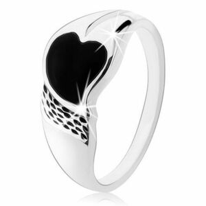 Inel realizat din argint 925, inimă asimetrică cu sclipici negru, striații finuțe - Marime inel: 48 imagine