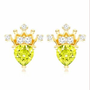 Cercei din aur 375 - olivină verde sub formă de inimă, coroană strălucitoare imagine