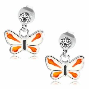 Cercei din argint 925, cristal transparent, fluture cu aripi albe, detalii portocalii imagine