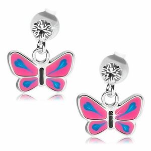 Cercei din argint 925, cristal transparent, fluture cu aripi roz, detalii albastre imagine