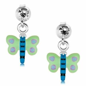 Cercei din 925 fluture argintiu, verde și albastru cu puncte violet, cristal imagine