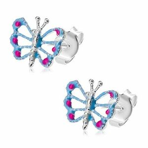 Cercei din argint 925, fluture cu aripi albastre, decupaje, puncte roz imagine