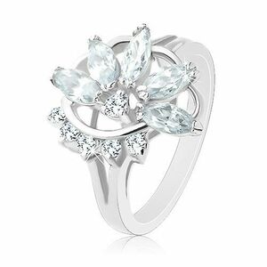 Inel în nuanță argintie, jumătate de floare din zirconii, arc de zirconii transparente - Marime inel: 49 imagine