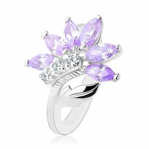 Inel strălucitor de culoare argintie, floare violet deschis, frunză strălucitoare - Marime inel: 48 imagine