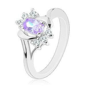 Inel în nuanță argintie, piatră ovală violet deschis, arce strălucitoare, zirconii transparente - Marime inel: 50 imagine