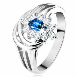 Inel strălucitor, brațe ramificate, floare zirconii albastru închis și transparente, arce - Marime inel: 50 imagine