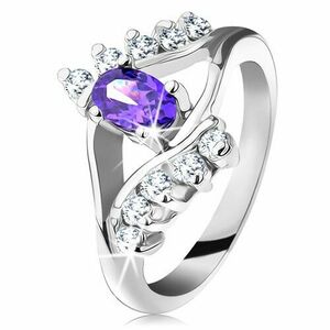 Inel de culoare argintie, zircon oval violet, linii de zirconii transparente - Marime inel: 49 imagine