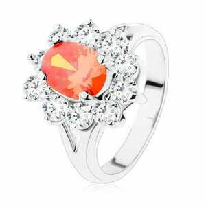 Inel strălucitor de culoare argintie, piatră ovală portocalie, contur zirconii transparente - Marime inel: 51 imagine