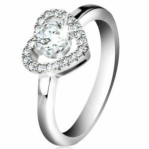 Inel din argint 925 placat cu rodiu, contur strălucitor de inimă și zirconiu rotund transparent - Marime inel: 46 imagine