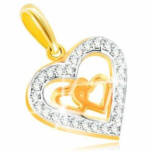Pandantiv din aur 585 în două culori - două inimi mici în contur inimă, zirconi imagine