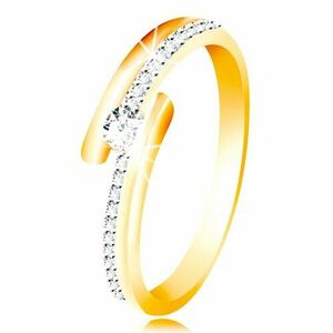 Inel din aur 585 - brațe divizate în combinație cu aur alb, zirconiu rotund transparent - Marime inel: 49 imagine