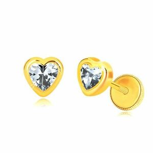 Cercei din aur galben 585 - contur de inimă simetrică, inimă din zirconiu strălucitor, închidere de tip fluturaș imagine