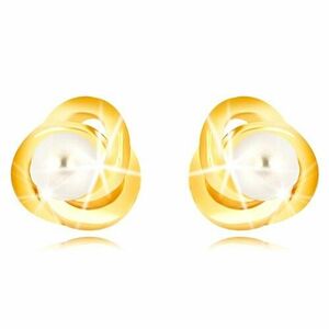 Cercei din aur galben 9K - trei inele împletite între ele, perla de apă dulce de culoare albă, de 3 mm imagine