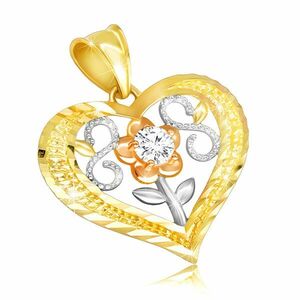 Pandantiv din aur galben 14K - contur al unei inimi simetrice, floare cu zirconiu clar, cifra opt orizontală imagine