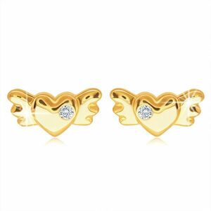 Cercei din aur 9K - inimă plină simetrică cu aripi și un zirconiu clar imagine
