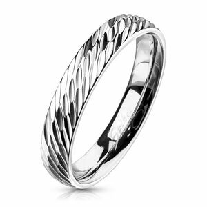 Inel de oțel, nuanță argintie – crestături diagonale adânci, 4 mm - Marime inel: 49 imagine