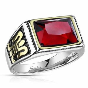 Inel din oțel în culoare argintie cu zirconiu roșu - ornament pe lateral, glazură neagră, 13 mm - Marime inel: 55 imagine