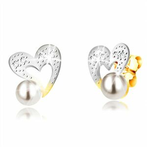Cercei din aur combinat de 9K – inimă cu contur neregulat, zirconii, perle, știfturi imagine