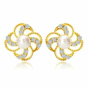 Cercei din aur de 14K – floare cu o linie de petale, zirconii, perle imagine