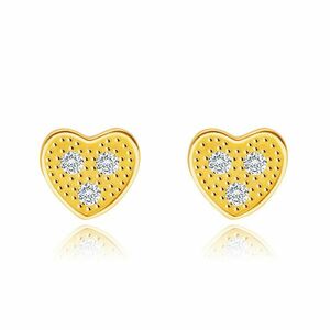 Cercei din aur galben de 14K - inimă cu trei zirconii limpezi imagine