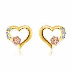 Cercei din aur de 14K - contur de inimă, zirconii rotunzi limpezi, floare decorativă din aur roz imagine