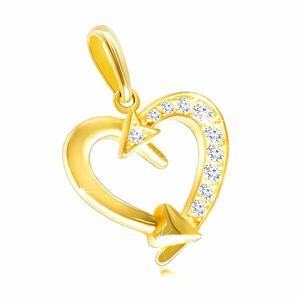 Pandantiv din aur galben 14K - contur de inimă decorat cu săgeți, diamante strălucitoare clare imagine