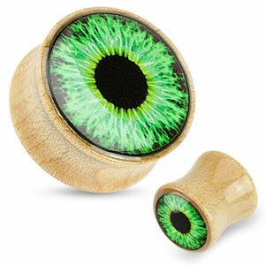 Dop pentru urechi din lemn - culoare maro deschis, glazură transparentă, ochi verzi - Lățime: 12 mm imagine