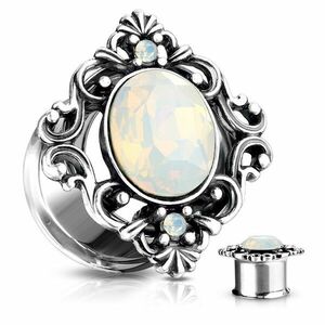 Tunel pentru ureche, șa, culoare argintie, opal sintetic oval, filigran - Lățime: 10 mm imagine