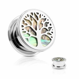 Tunel pentru urechi din oțel, copacul vieții, cerc din scoică Abalone, culoare argintie - Lățime: 10 mm imagine