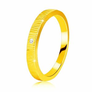 Inel din aur galben de 14K - crestături decorative fine, zircon transparent, 1, 3 mm - Marime inel: 49 imagine