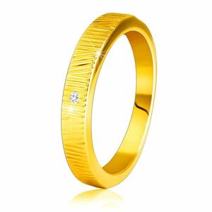 Inel din aur galben 14K - crestături decorative fine, zircon transparent 1, 5 mm - Marime inel: 49 imagine