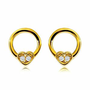 Cercei din aur galben de 9K - cerc îngust cu o inimă mică, diamante rotunde imagine