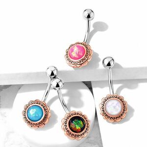 Piercing pentru buric, din oțel - floare in filigran cu opal sintetic, diverse culori - Culoare: Alb imagine