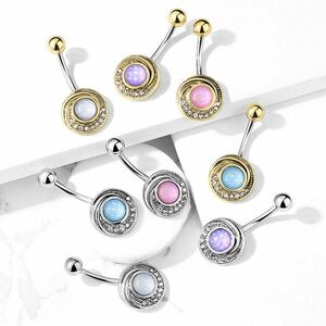 Piercing pentru buric, din oțel - cerc convex cu cristale transparente, piatră epoxidică colorată - Culoare Piercing: Argintiu - roz imagine