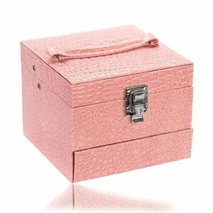 Cutie de bijuterii de culoare roz, detalii metalice în nuanță argintie, două părți utilizabile separat imagine