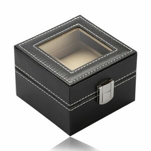 Cutie de bijuterii pătrată, pentru ceasuri - piele sintetică neagră, cataramă metalică lucioasă imagine
