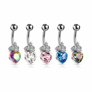 Piercing buric, din oțel - inimă cu coroană cu cristale, diverse culori, placată cu rodiu - Culoare: Albastru Aqua imagine