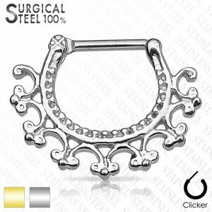 Piercing pentru sept, din oțel chirurgical - segment circular cu ornamente, închidere click - Culoare: Argintiu imagine