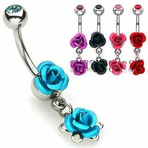 Piercing pentru buric, din oțel - trandafiri metalici înfloriți, placat cu rodiu - Culoare: Albastru Aqua imagine