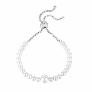 Brățară din oțel de culoare argintie - mărgele albe perlate, zircon transparent, închidere glisantă imagine