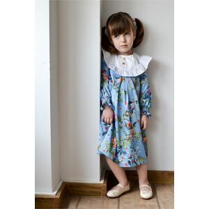 Rochita pentru fetite Dy Fashion bleu cu flori colorate si guler alb imagine