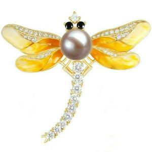 Brosa Pandantiv Libelula Galbena cu Perla Naturala Lavanda si Zirconii - Cadouri si perle imagine