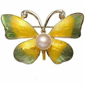 Brosa Pandantiv Fluture Galben cu Perla Naturala Crem de 8 mm - Cadouri si perle imagine