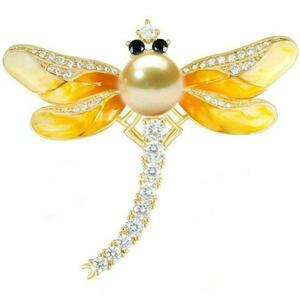 Brosa Pandantiv Libelula Galbena cu Perla Naturala Crem si Zirconii - Cadouri si perle imagine